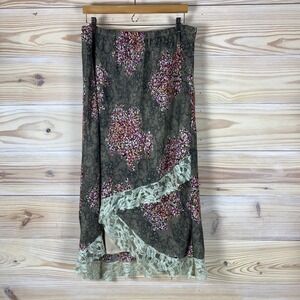 Anne Gabrielle Midi Skirt Womens 2X Brown Floral Lace Trim Asymmetrical Boho